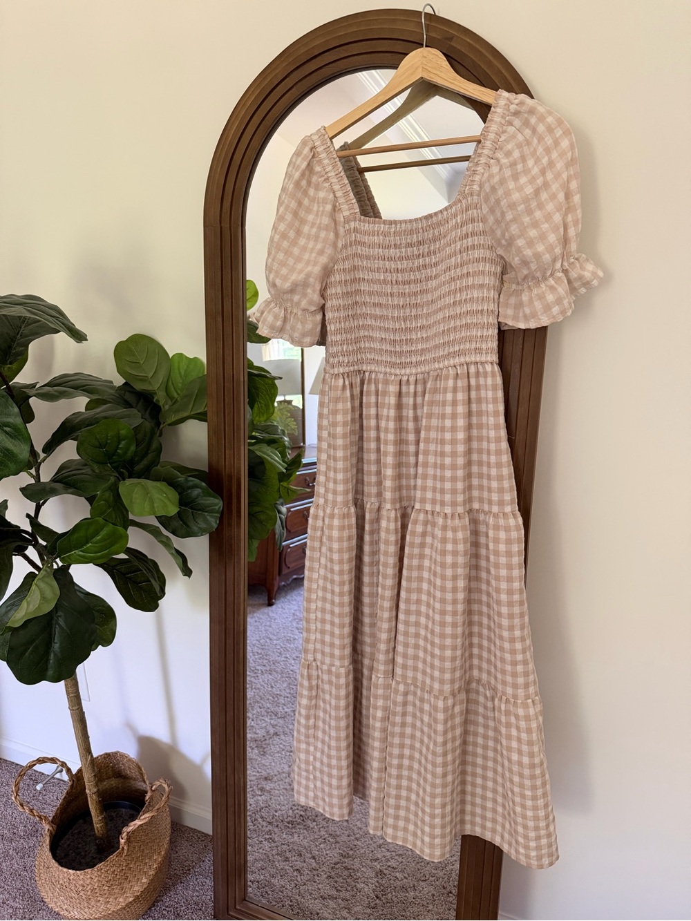Smocked Gingham Midi Dress - Beige